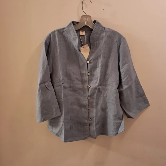 Lintico Top Women's Large L Blue Chambray Linen Fitted Office Career Coastal - Picture 2 of 13